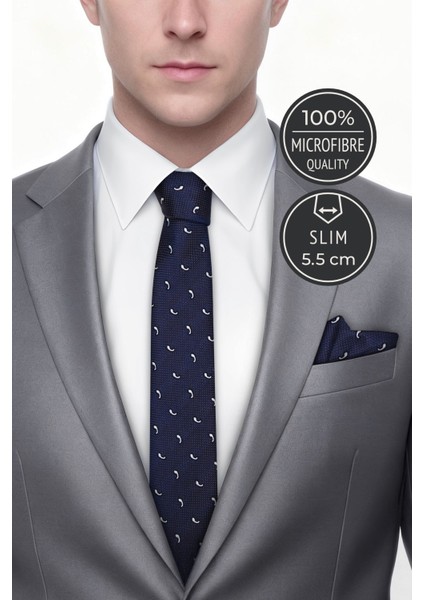 Slim Damla Desen Koyu Lacivert Kravat & Mendil fiyatları