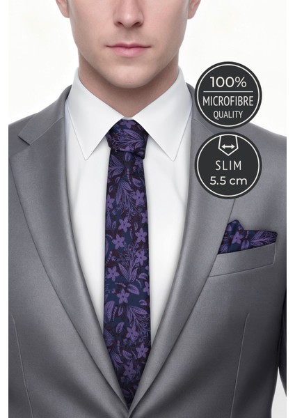Slim Çiçekli Mor Kravat & Mendil fiyatları
