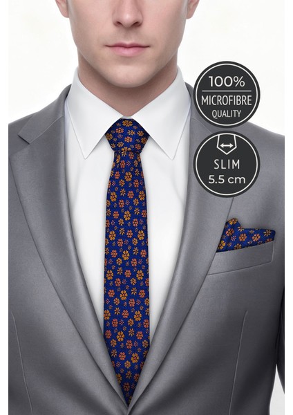 Slim Çiçekli Lacivert Kravat & Mendil fiyatları
