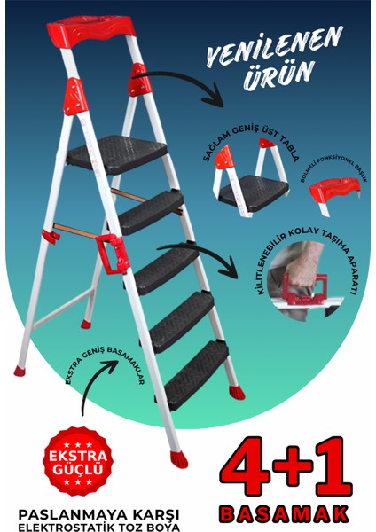 Elegance 4+1 Geniş Basamaklı Kolay Taşıma Aparatlı Merdiven Kaliteli Paslanmaz