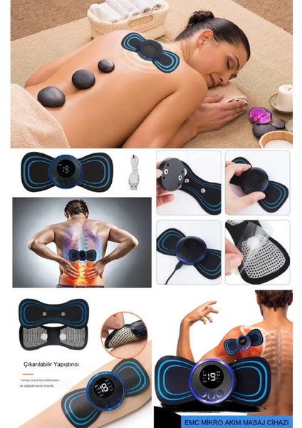 8 Modlu Mini Şarjlı Kelebek LCD Ekran Ems Boyun Omuz Kol Sırt Elektrikli Masaj Bantı Kas Stimülatörü