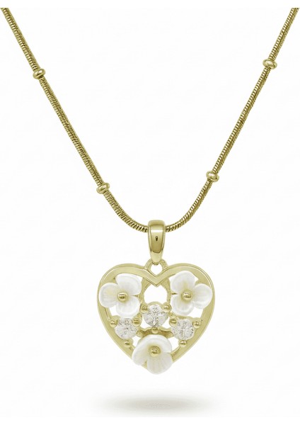 Kadın Çelik Kolye - Toplu Snake Zincirli - Kalp Tasarım - Kır Çiçeği Süslemeli - Altın Renk