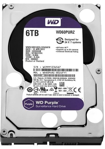 Western Digital WD60PURZ 6 Tb Sata6 64MB 7-24 Purple Harddisk
