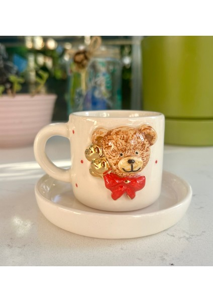 El Yapımı Seramik Gerçek 24K Altın Ayıcık Türk Kahvesi Fincanı