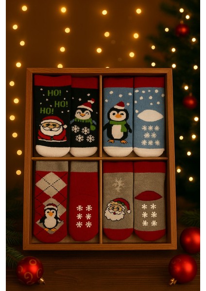 Havlu Çocuk & Bebek Çorabı / 4'lü Kutulu / Premium / Kaydırmaz Tabanlı / Noel Baba Desenli