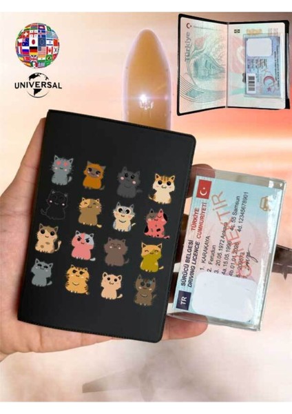Kedi Çetesi Desenli Pürüzsüz Yüzey Deri Pasaport Kılıfı Kabı Tüm Ülke Pasaportlarına Uygun