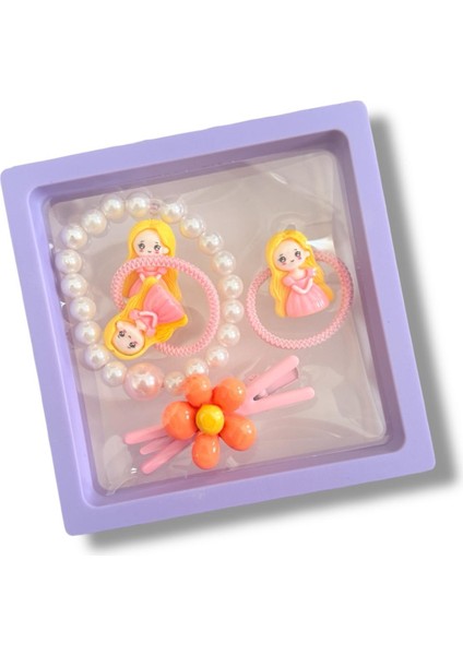 Kare Kutu Içerisinde Mine Kaplamalı Disney Prenses Figürlü Inci Bileklik ve Karışık Figürlü Renk Kız Çocuk Toka Seti