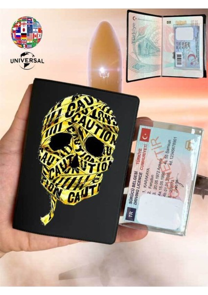 Skull Desenli Pürüzsüz Yüzey Deri Pasaport Kılıfı Kabı Tüm Ülke Pasaportlarına Uygun