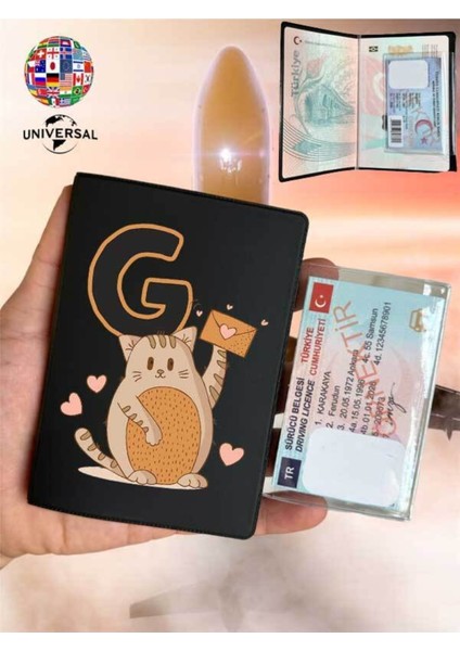 Kedili G Harfi Desenli Pürüzsüz Yüzey Deri Pasaport Kılıfı Kabı Tüm Ülke Pasaportlarına Uygun