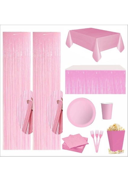 Pembe Masa Örtüsü, Pembe Masa Eteği, 2 Pembe Fon, 8 Pembe Tabak, 8 Pembe Bardak, 8 Pembe Mısır Kutusu, 10 Pembe Çatal, 10 Pembe Peçete