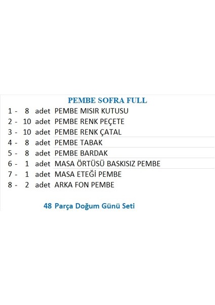 Pembe Masa Örtüsü, Pembe Masa Eteği, 2 Pembe Fon, 8 Pembe Tabak, 8 Pembe Bardak, 8 Pembe Mısır Kutusu, 10 Pembe Çatal, 10 Pembe Peçete fiyatları