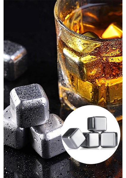 4'lü Çelik Metal Gold Kaplama Viski Taşı Soğutma Buz Küpü Pratik Buz Kalıbı