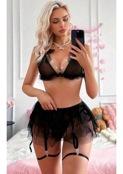 Transparan Siyah Zincir Detaylı Fantezi Tül Etekli Jartiyer Takımı fiyatları