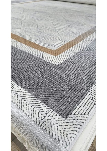 Elegance 1065 Krem Gri Halı Modern Klasik Desenli Viskon Doğal Iplik Bambu Halı Tozu Az Salon