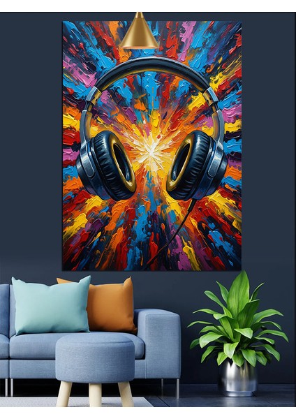Renkli Arka Fonda Kulaklık Dekoratif Kanvas - Mdf Ahşap Tablo