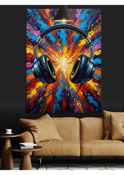 Renkli Arka Fonda Kulaklık Dekoratif Kanvas - Mdf Ahşap Tablo fiyatları