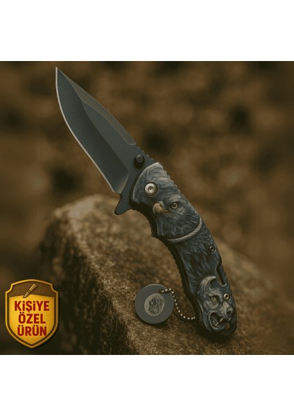 Ejderha Figürlü Fiber Saplı Isme Özel Yazılı 9CR18MOV Kalite Paslanmaz Çelik Avcı ve Kamp Bıçağı modelleri