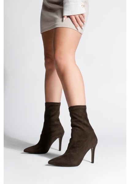 Kadın Sivri Burun Acı Kahve Fermuarsız Streç Süet Topuklu Bot Pesina Kahve Süet fırsatları