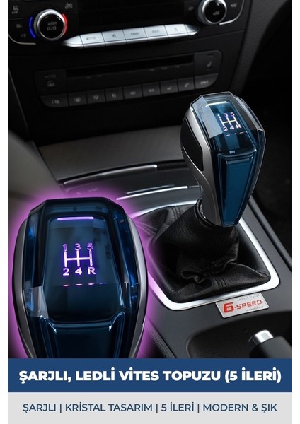 Şarjlı, LED Işıklı Kristal 5 Ileri Vites Topuzu | Modern ve Şık