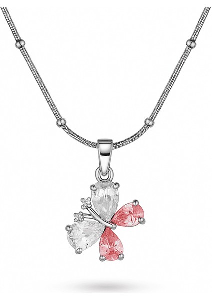 Kadın Çelik Kolye - Kelebek Tasarım - Renkli Zirkon Taşlı - Gümüş Renk