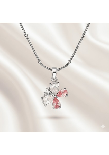 Kadın Çelik Kolye - Kelebek Tasarım - Renkli Zirkon Taşlı - Gümüş Renk fırsatları