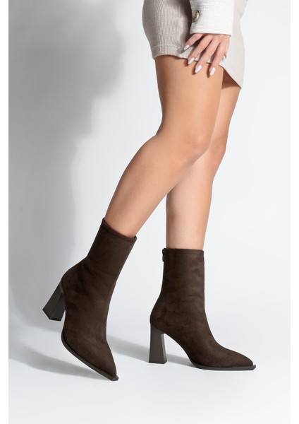 Kadın Topuklu Bot Acı Kahve Sivri Burun Arkadan Fermuarlı Kalın Ökçe Kikas Kahve Süet fiyatları