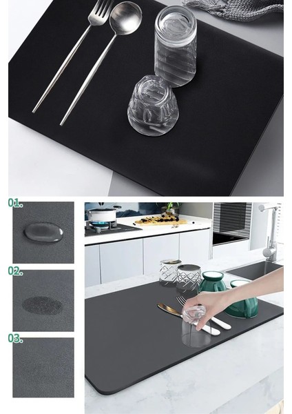 Mutfak Tezgah Üstü Bulaşık Kurutma Matı Tezgah Üstü Mikrofiber Bulaşıklık Su Emici Mat Siyah 35X50CM