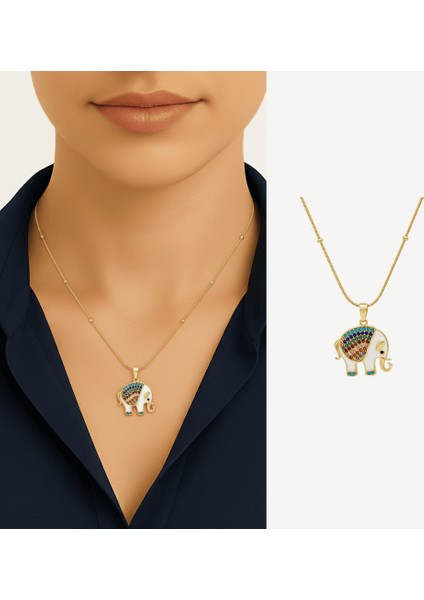 Kadın Çelik Tek Taş Kolye - Fil Detaylı - Renkli Zirkon Taşlı - Snake Zincirli - Altın Renk fiyatları