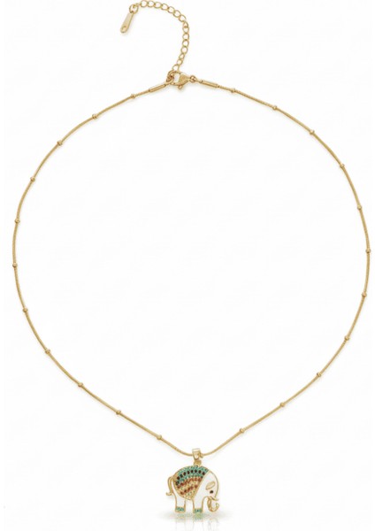 Kadın Çelik Tek Taş Kolye - Fil Detaylı - Renkli Zirkon Taşlı - Snake Zincirli - Altın Renk indirimleri