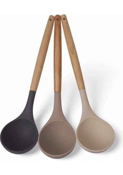 Bambu Saplı Silikon Kepçe, Bambu Uzun Silikon Çorba ve Sos Kepçesi 27CM 3 Renk Seçenekli