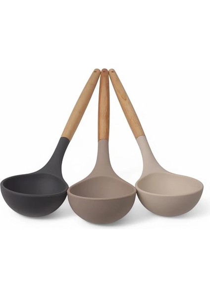 Bambu Saplı Silikon Kepçe, Bambu Uzun Silikon Çorba ve Sos Kepçesi 27CM 3 Renk Seçenekli