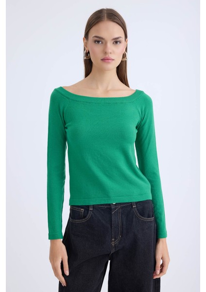 Kayık Yaka Uzun Kol Triko Bluz