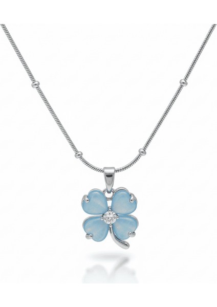 Kadın Çelik Kolye - Toplu Snake Zincirli - Yonca Yaprağı Tasarım - Mavi Mineli - Gümüş Renk