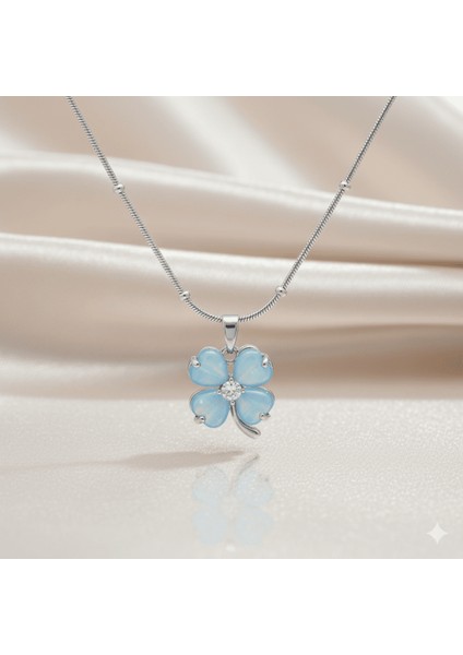 Kadın Çelik Kolye - Toplu Snake Zincirli - Yonca Yaprağı Tasarım - Mavi Mineli - Gümüş Renk fırsatları