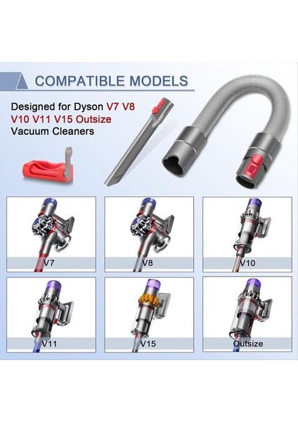 Dyson V15 V12 V8 V11 Için Dar Alan Temizleme Aracı + Esnek Uzatma Hortumu Seti (Yurt Dışından) modelleri