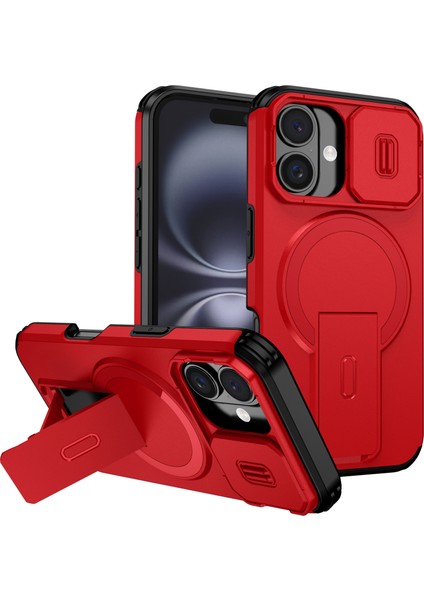 iPhone 16 Için Manyetik Kılıf, Kayar Kamera Korumalı Çift Katmanlı Darbeye Dayanıklı Telefon Kılıfı, Ayarlanabilir Stand, Kırmızı (Yurt Dışından)