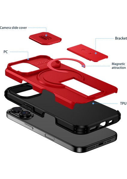 iPhone 16 Için Manyetik Kılıf, Kayar Kamera Korumalı Çift Katmanlı Darbeye Dayanıklı Telefon Kılıfı, Ayarlanabilir Stand, Kırmızı (Yurt Dışından) fiyatları