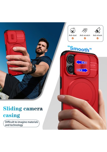 iPhone 16 Için Manyetik Kılıf, Kayar Kamera Korumalı Çift Katmanlı Darbeye Dayanıklı Telefon Kılıfı, Ayarlanabilir Stand, Kırmızı (Yurt Dışından) fırsatları