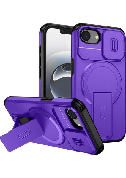 iPhone 16E Için Manyetik Kılıf, Kayar Kamera Korumalı Çift Katmanlı Darbeye Dayanıklı Telefon Kılıfı, Ayarlanabilir Stand, Mor (Yurt Dışından)