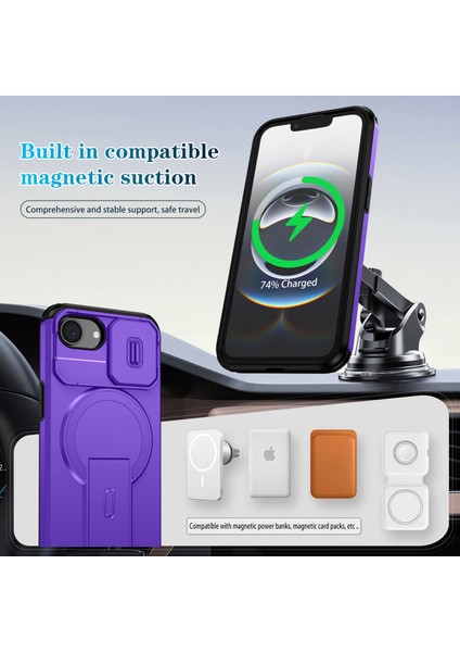 iPhone 16E Için Manyetik Kılıf, Kayar Kamera Korumalı Çift Katmanlı Darbeye Dayanıklı Telefon Kılıfı, Ayarlanabilir Stand, Mor (Yurt Dışından) modelleri