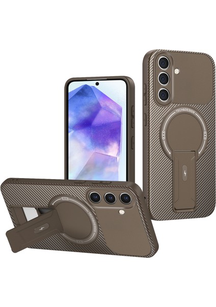 Samsung Galaxy A35/A55 Için Standlı Manyetik Karbon Fiber Tasarım Tpu Hibrit Telefon Kılıfı, Kahverengi (Yurt Dışından)