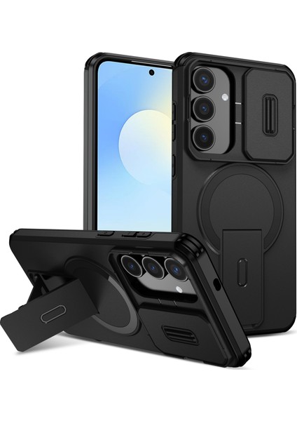 Samsung Galaxy S25 Fe Için Manyetik Kılıf, Kayar Kamera Korumalı Çift Katmanlı Darbeye Dayanıklı Telefon Kılıfı, Ayarlanabilir Stand, Siyah (Yurt Dışından)