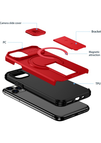 iPhone 11 Pro Için Manyetik Kılıf, Kayar Kamera Korumalı Çift Katmanlı Darbeye Dayanıklı Telefon Kılıfı, Ayarlanabilir Stand, Kırmızı (Yurt Dışından) fiyatları