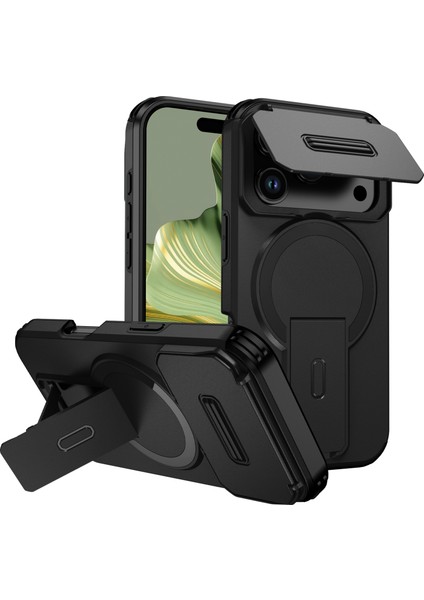 iPhone 17 Pro Için Manyetik Kılıf, Kayar Kamera Korumalı Çift Katmanlı Darbeye Dayanıklı Telefon Kılıfı, Ayarlanabilir Stand, Siyah (Yurt Dışından)