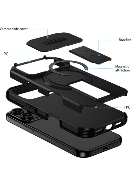 iPhone 17 Pro Için Manyetik Kılıf, Kayar Kamera Korumalı Çift Katmanlı Darbeye Dayanıklı Telefon Kılıfı, Ayarlanabilir Stand, Siyah (Yurt Dışından) fiyatları