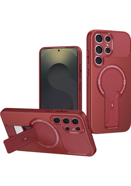 Samsung Galaxy S24 Ultra Için Manyetik Karbon Fiber Tasarım Tpu Hibrit Telefon Kılıfı ve Standı, Kırmızı (Yurt Dışından)