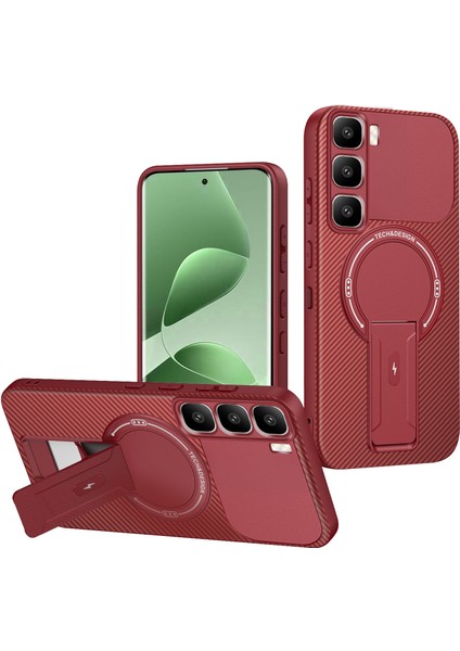 Infinix Hot 60 Pro Için Manyetik Kılıf, Standlı Karbon Fiber Tasarımlı Tpu Hibrit Telefon Kılıfı, Kırmızı (Yurt Dışından)