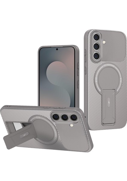 Samsung Galaxy S25 Fe Için Manyetik Kılıf, Standlı Karbon Fiber Tasarımlı Tpu Hibrit Telefon Kılıfı, Gri (Yurt Dışından)