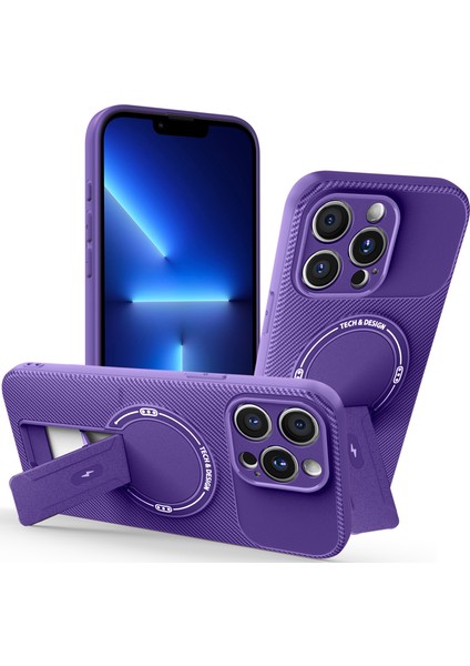 iPhone 15 Pro Max Için Manyetik Kılıf, Karbon Fiber Tasarım, Standlı Tpu Hibrit Telefon Kılıfı, Mor (Yurt Dışından)