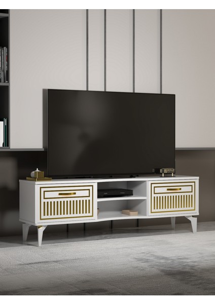 Tv Sehpası Tv Ünitesi Vera Beyaz Gold Çizgili 5052